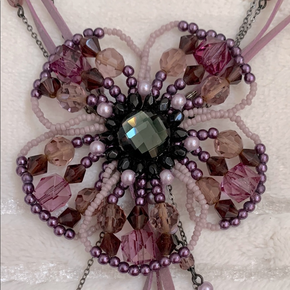 Elegant Beaded Violet Purple Pink Flower Pendant Chocker Necklace